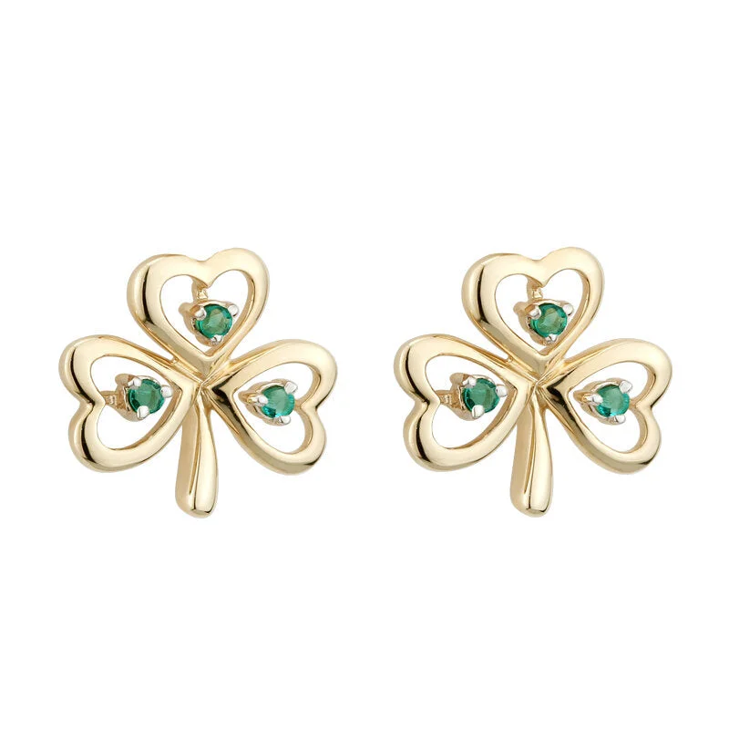 Long Earrings-14K Gold Emerald Shamrock Earrings