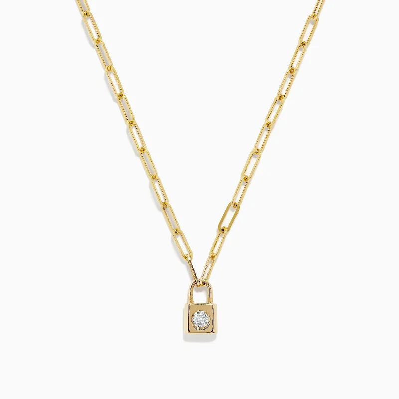 Beach Necklaces -Novelty 14K Yellow Gold Diamond Mini Lock Necklace