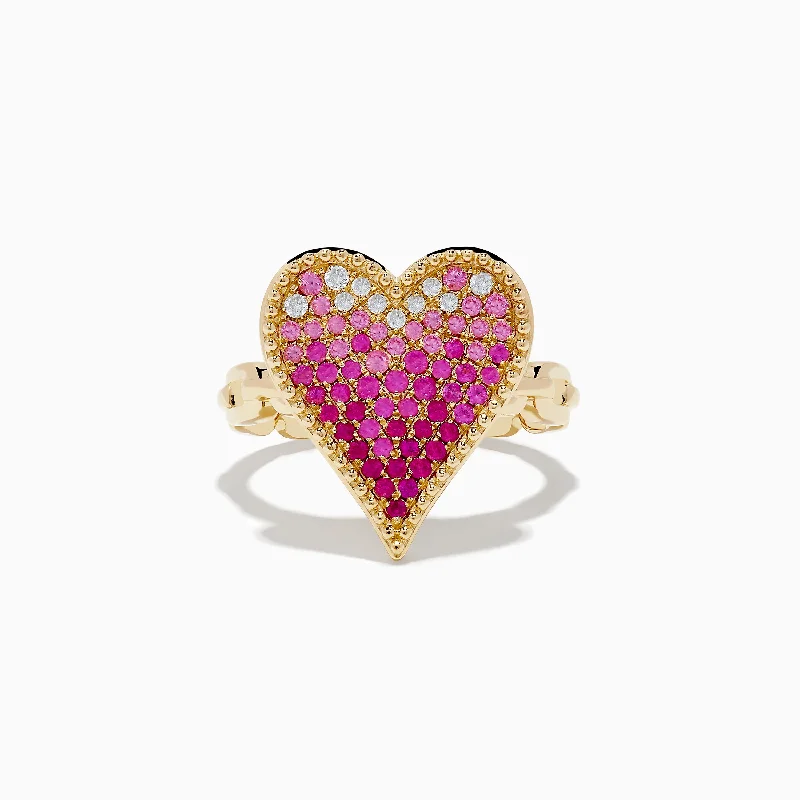 Sterling silver wedding bands for men-Novelty 14K Yellow Gold Pink Sapphire and Diamond Heart Ring