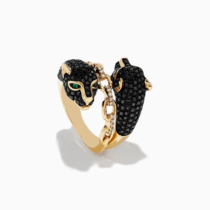 Elegant wedding rings for women-Signature 14K Gold Emerald, Black & White Diamond Panther Ring