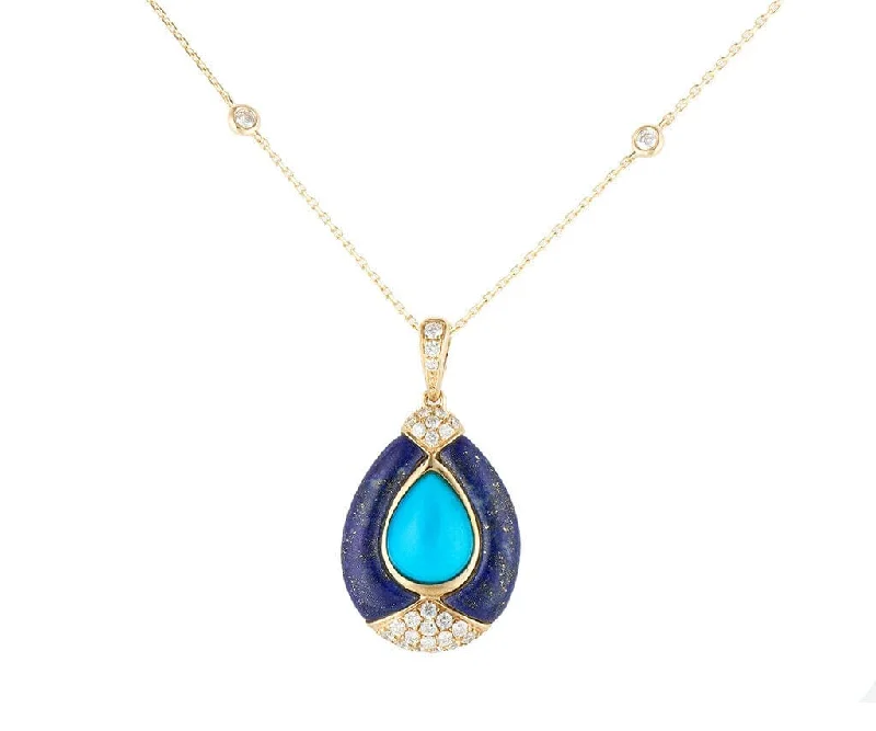 Custom Flower Pendant Necklaces -Pear Shaped Turquoise Blue Lapis and 0.65ctw Diamond Pendant Necklace in 14K