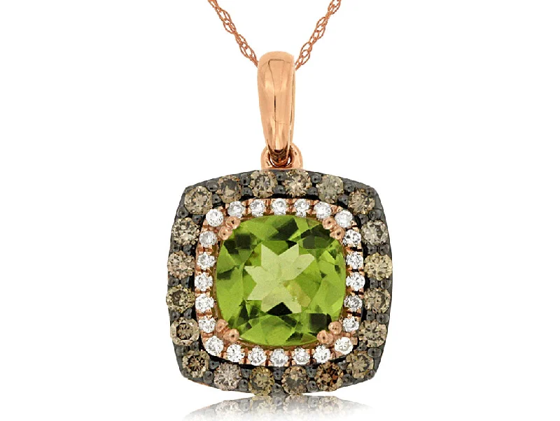 Women’s Adjustable Necklaces -Rose Gold Cushion Cut Peridot with White and Mocha Diamond Halo Pendant Necklace