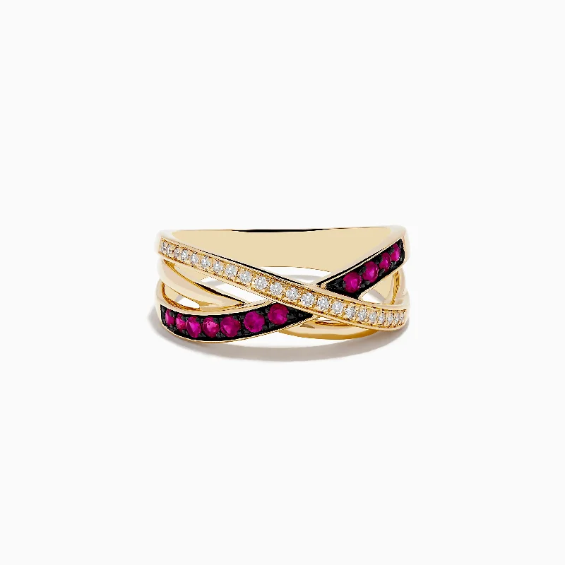 Gold wedding rings with diamonds-Ruby Royale 14K Yellow Gold Ruby and Diamond Crossover Band