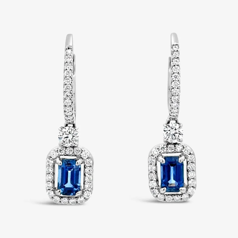 Heart Earrings-Emerald Cut Sapphire & Diamond Dangle Earring