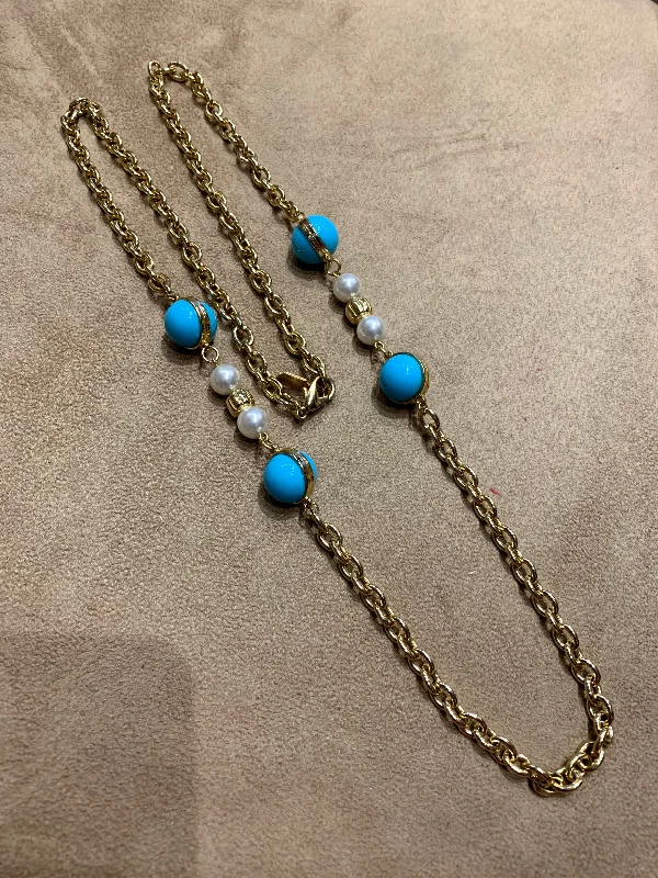 Heart Gemstone Necklaces -Dior Long gold sautoir chain with Glass Turquoise and Pearl