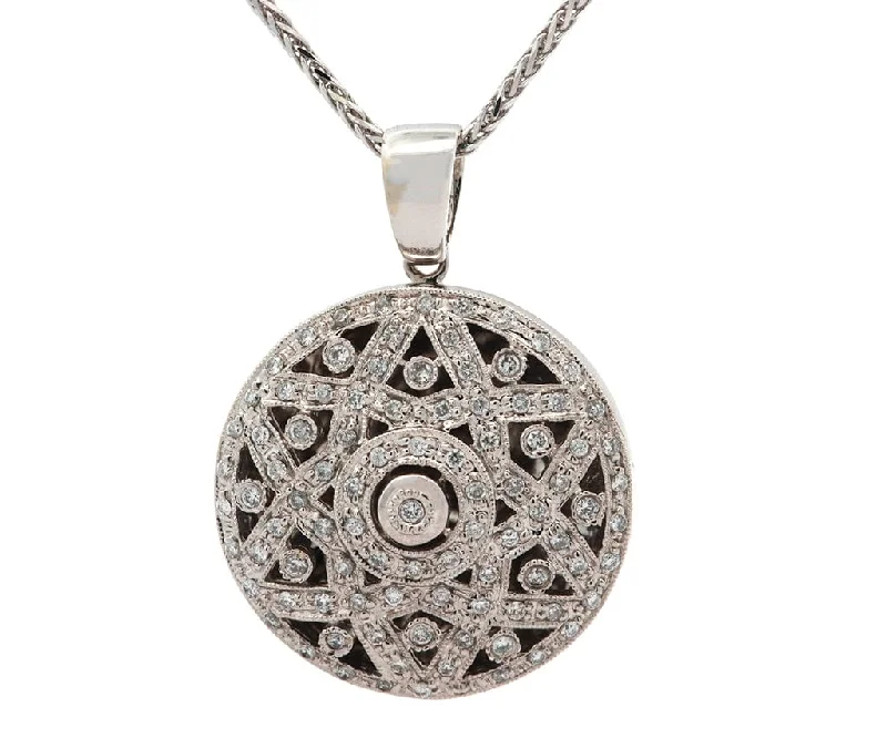 Engraved Name Necklaces -0.70ctw Diamond Floral Star Milgrain Circle Locket Pendant Necklace in 14K