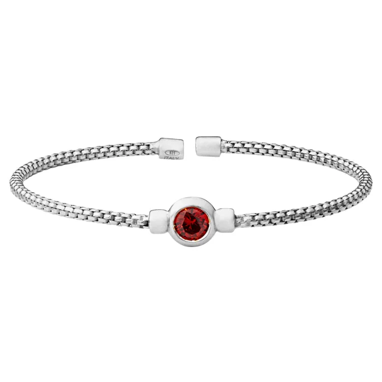 Stackable Bracelets For Women-Rhodium Finish Sterling Silver Rounded Box Link Cuff Bracelet with Bezel Set Simulated Garnet Birth Gem