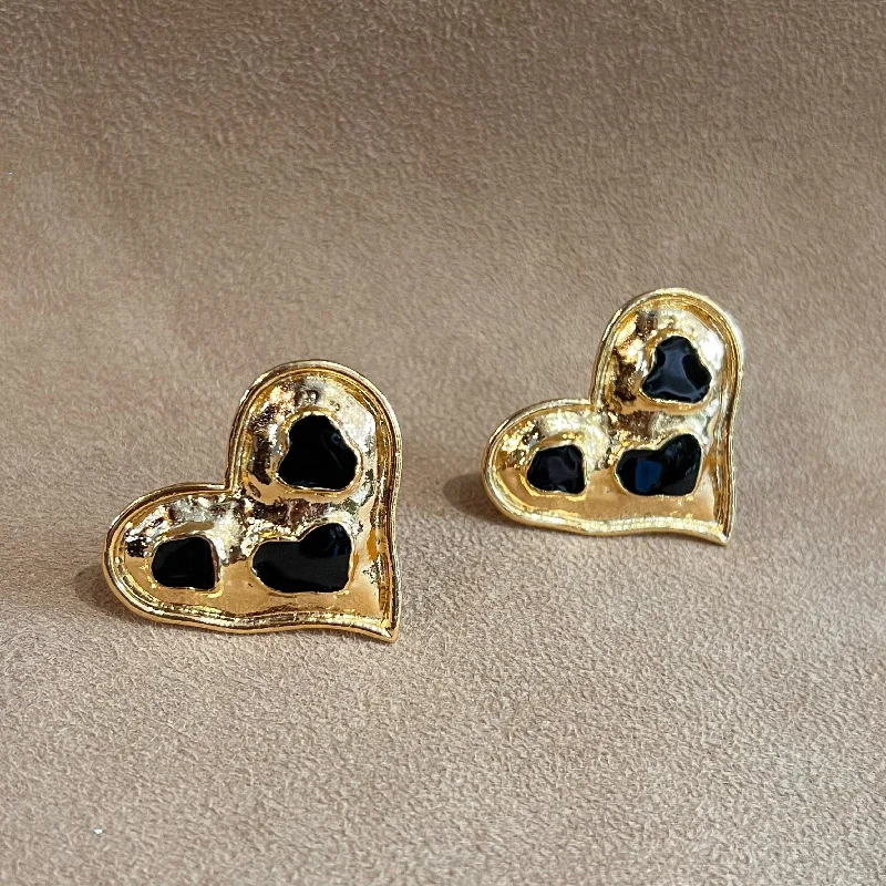 Gemstone Hoop Earrings-Vintage Black Enamel Gold Plated  Heart Clip on Earrings