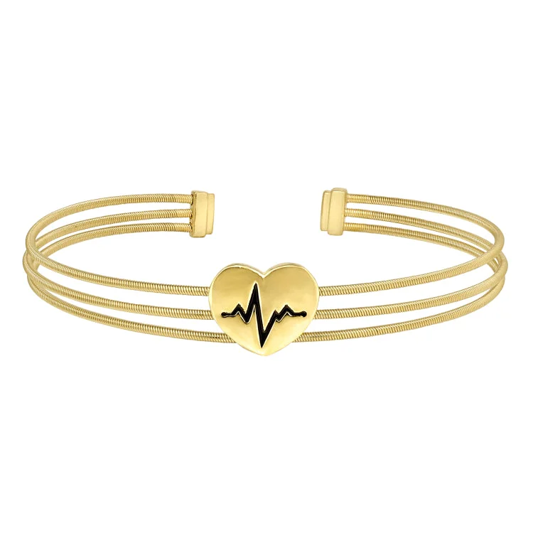 Gold And Silver Bracelets For Women-Gold Finish Sterling Silver Three Cable Cuff Bracelet with a Polished Heart with a Heartbeat Design.