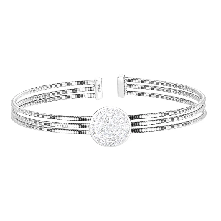 Simple Silver Bracelets For Women-Rhodium Finish Sterling Silver Three Cable Cuff One Circle Bracelet with Simulated Diamonds