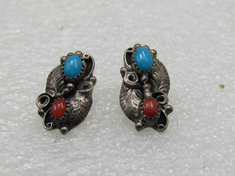 Personalized Earrings For Wedding-Vintage Sterling Southwestern Turquoise Coral Earrings Signed W.R.