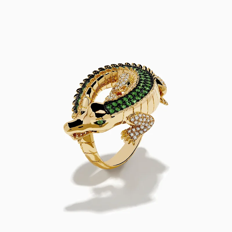 Affordable engagement rings-Safari 14K Yellow Gold Tsavorite and Diamond Alligator Ring