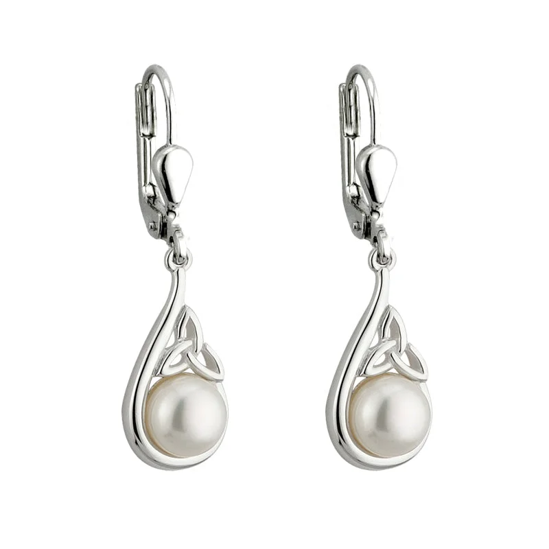 Men's Earrings-Silver Trinity Pearl Earrings