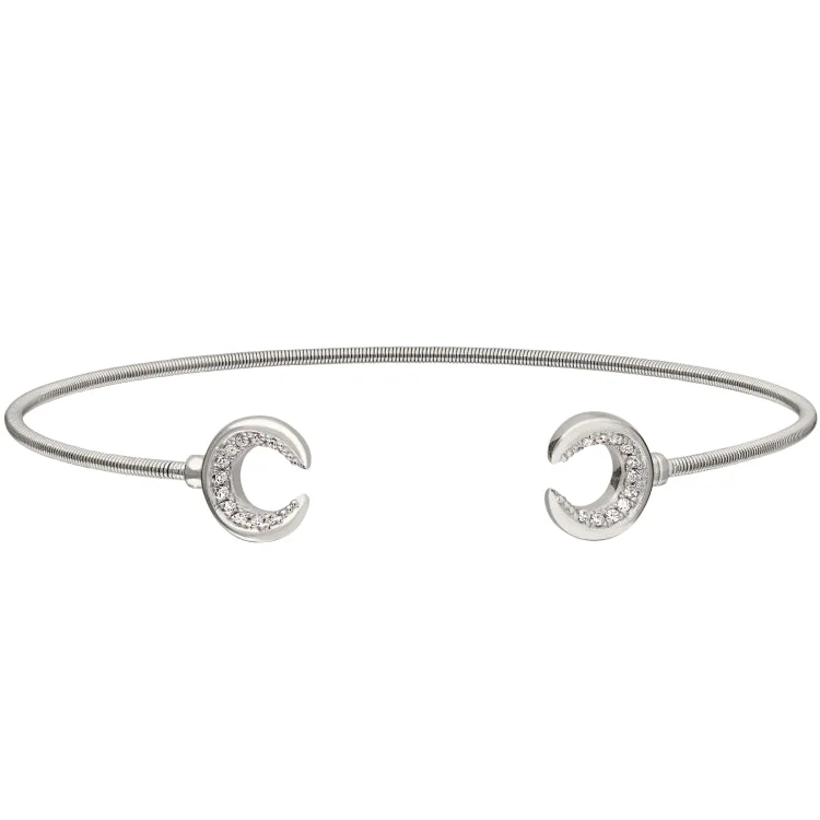 Diamond Bracelets For Women-Rhodium Finish Sterling Silver Cable Cuff Bracelet with Simulated Diamond Upside Down Crescent Moons