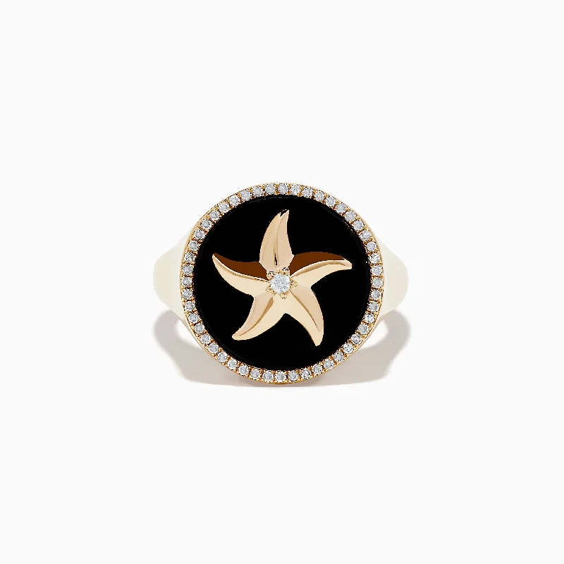 Diamond wedding rings-Seaside 14K Yellow Gold Black Agate and Diamond Starfish Ring