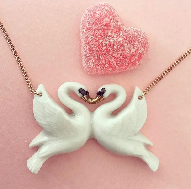 Simple Chain Pendant -White Kissing Swan Necklace by AndMary