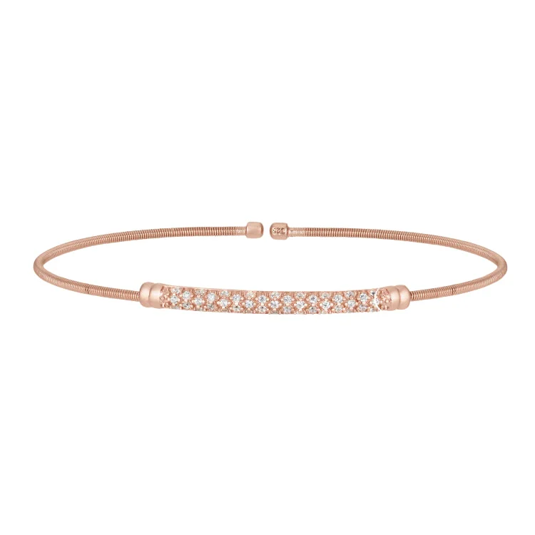 Personalized Bracelets For Women-Rose Gold Finish Sterling Silver Cable Cuff Bracelet with Three Rows of Simulated Diamond Birth Gems - April