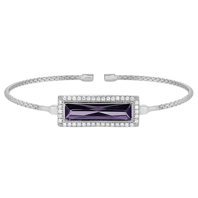 Beaded Bracelets For Relaxed Look-Rhodium Finish Sterling Silver Cable Cuff Bracelet with Rectangular Simulated Amethyst Stone and Simulated Diamonds