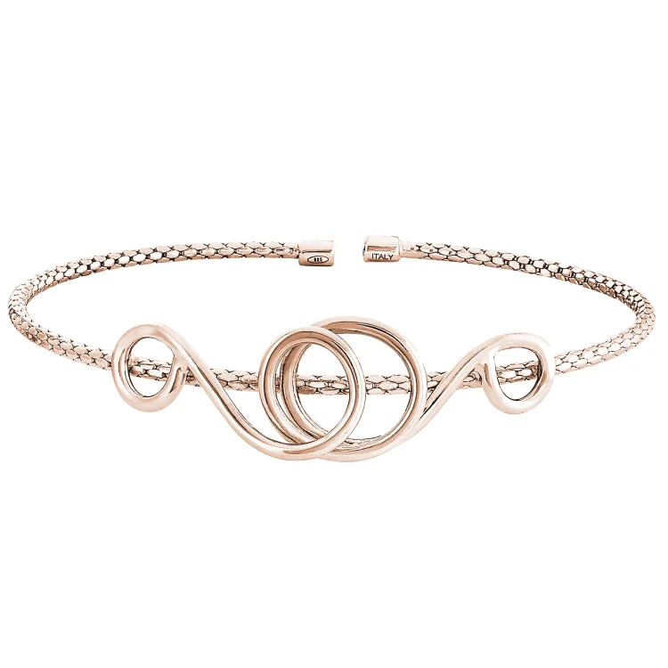 Sports Bracelets For Men-Rose Gold Finish Sterling Silver Corean Cable Cuff Bracelet with a High Polished Central Swirl