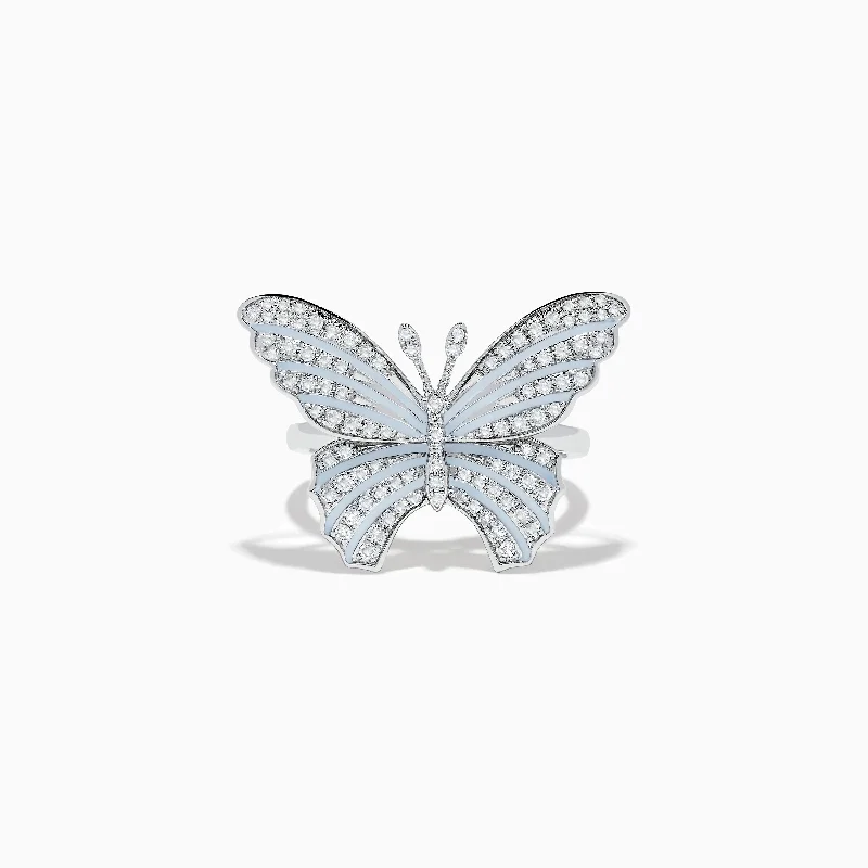 Wedding rings for couples-Nature 14K White Gold Diamond with White Enamel Butterfly Ring