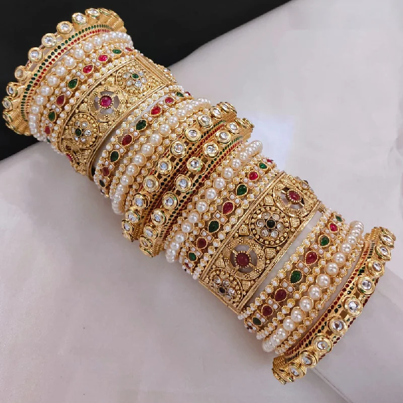 Fashion Bangles For Young Girls-Akruti Collection Gold Plated Pota Stone And Pearl Openable Bangle Set