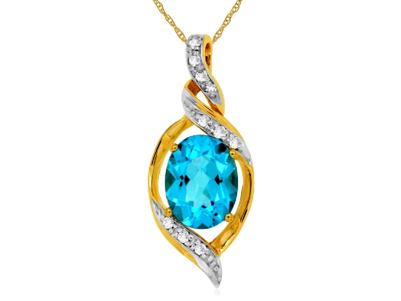 Handcrafted Pendant Necklaces -Yellow Gold Oval Blue Topaz Diamond Pendant Necklace