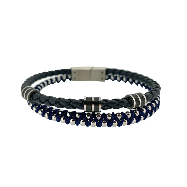 Simple Link Bracelets For Women-Navy Blue Leather 2 Cord Bracelet With Stainless Steel Beading