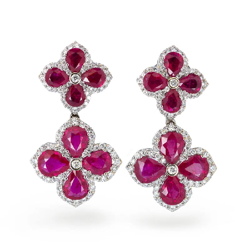 Geometric Hoop Earrings-Double Terraced Four Petal Ruby Flower Earring