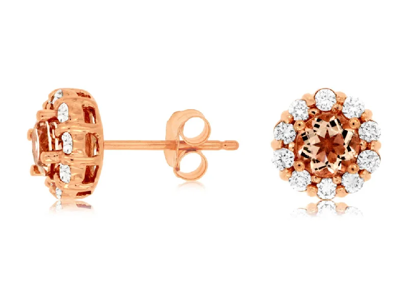 Silver Earrings For Brides-14k Rose Gold Morganite and Diamond Halo Earrings pe3762m