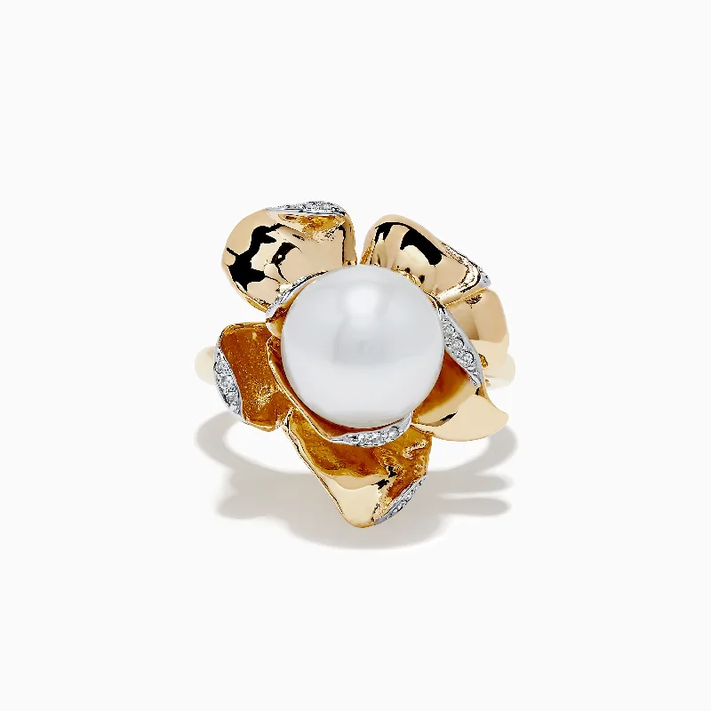 Diamond wedding rings for women-Pearl 14K Yellow Gold Pearl and Diamond Flower Ring