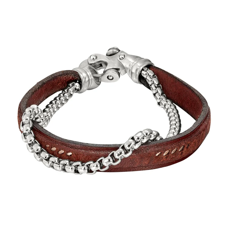 Luxury Bracelets For Women With Gems-Brown Leather 2 Cord Bracelet With Box Link Chain