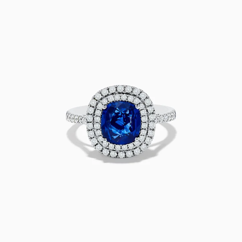 Pearl rings-18K White Gold Blue Sapphire and Diamond Double Halo Ring