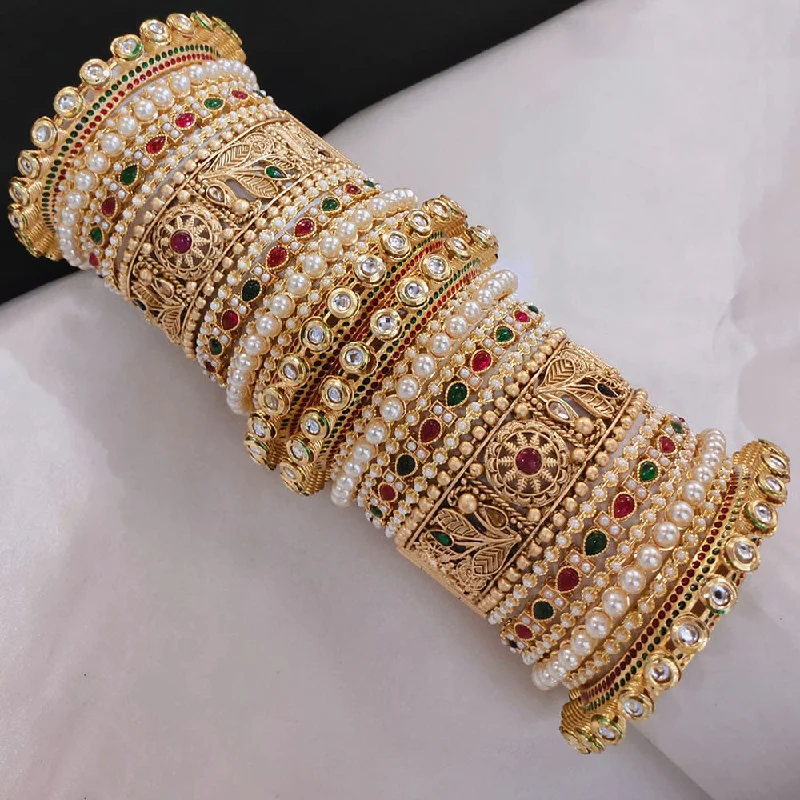 Indian Wedding Bangles Set-Akruti Collection Gold Plated Pota Stone And Pearl Openable Bangle Set