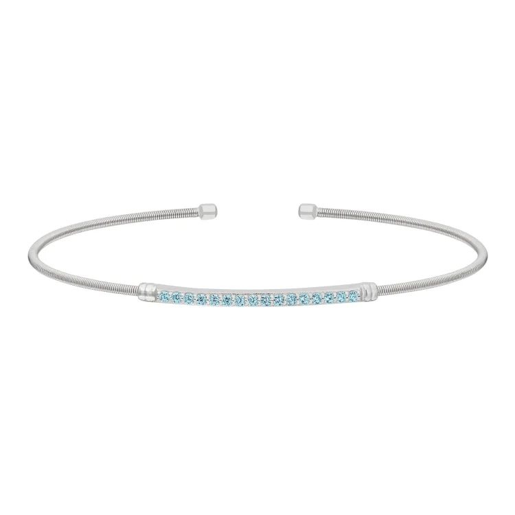 Men's Custom Bracelets With Charms-Rhodium Finish Sterling Silver Cable Cuff Bracelet with Simulated Aquamarine Birth Gems - March