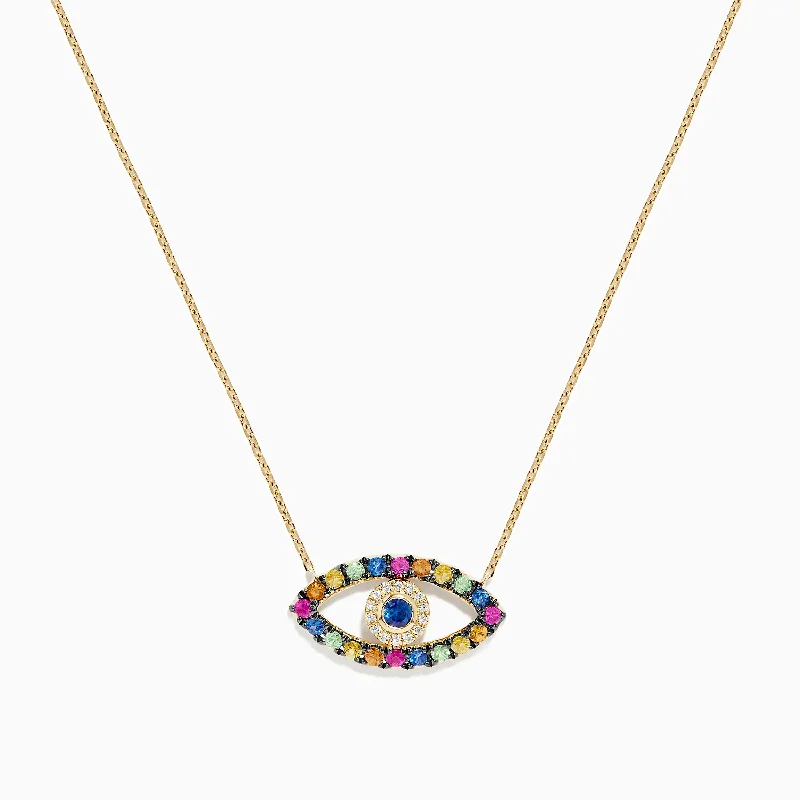 Zodiac Charm Necklaces -Novelty 14K Yellow Gold Multi Sapphire and Diamond Evil Eye Necklace