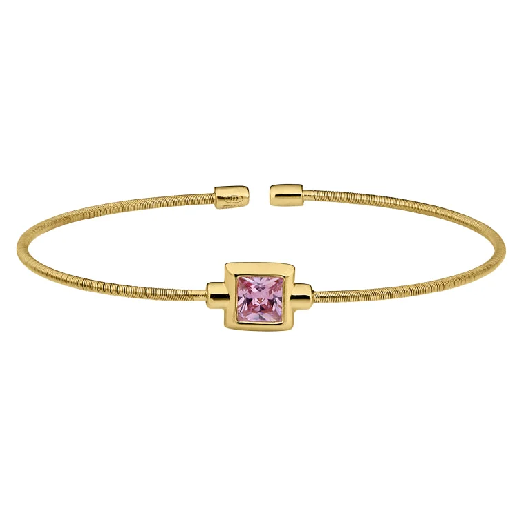 Personalized Gold Bracelets-Gold Finish Sterling Silver Cable Cuff Bracelet with Princess Cut Simulated Pink Sapphire Birth Gem