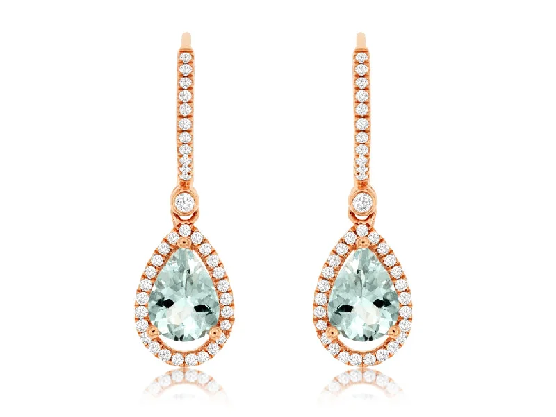 Sterling Silver Hoop Earrings-14K Rose Gold Pear Shape Aquamarine with Diamond Halo Dangle Earrings