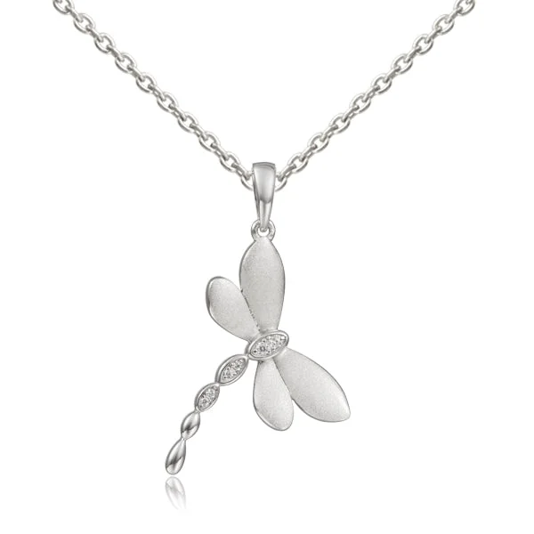 Modern Pendant Necklaces -Silver Dragonfly White Topaz Necklace