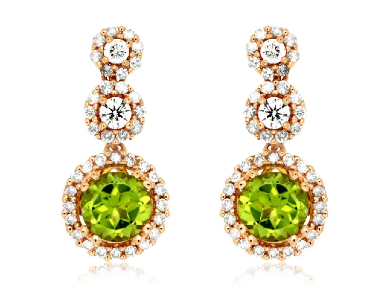 Diamond Earrings Set-14K Rose Gold Round Peridot Diamond Halo Dangle Earrings