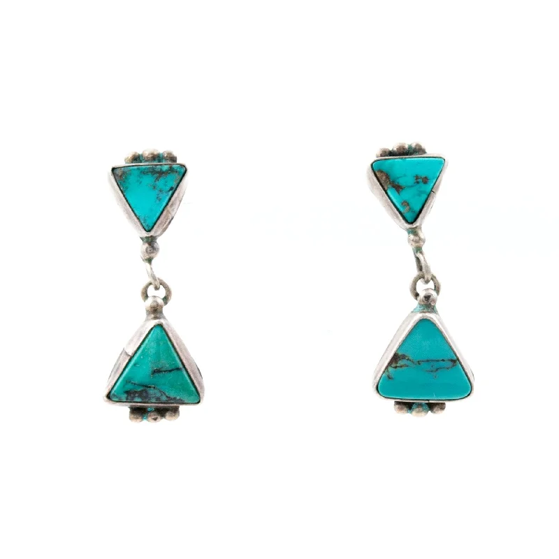 Sterling Silver Drop Earrings-Triangle Cut Turquoise Navajo Earrings