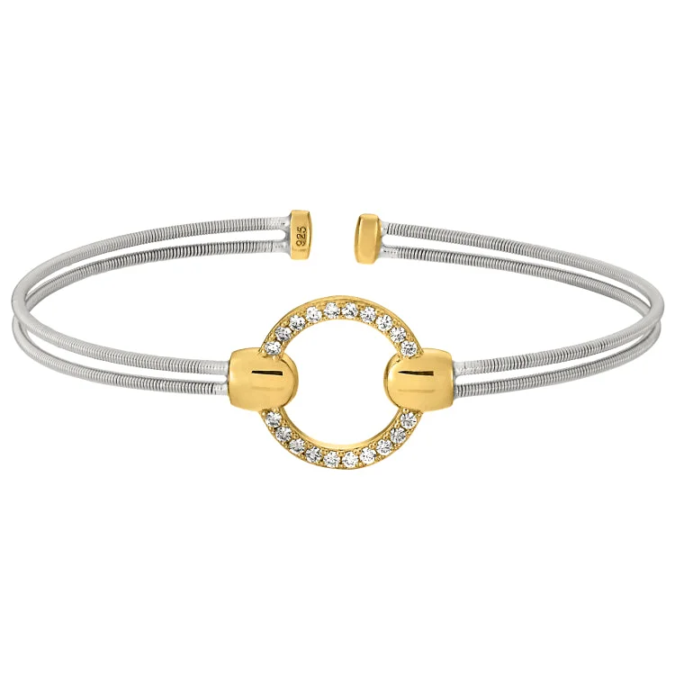 Custom Name Bracelets For Women-Rhodium Finish Sterling Silver Two Cable Cuff Bracelet with Gold Finish Simulated Diamond Open Circle