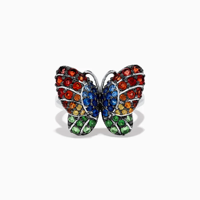 Handcrafted wedding bands for men-Nature Sterling Silver Multi Sapphires Butterfly Ring