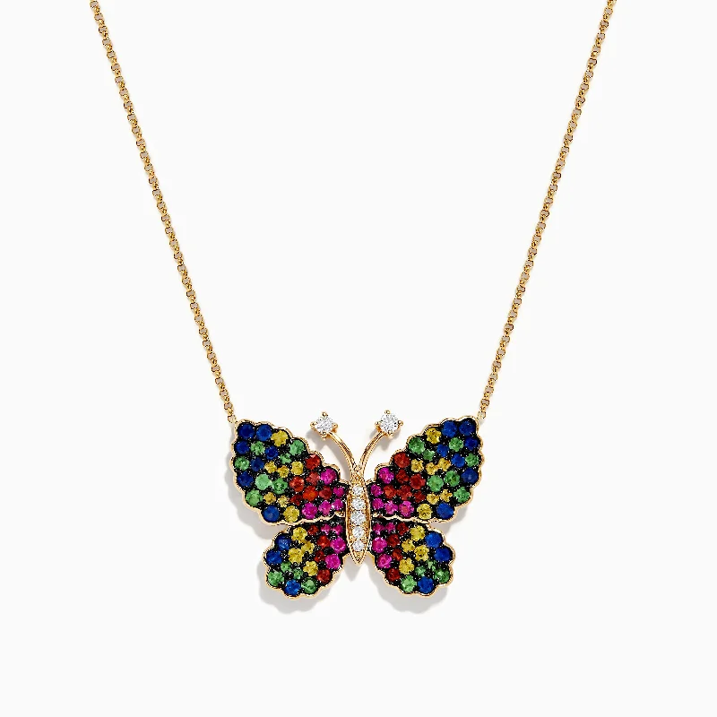 Fashion Necklaces -Watercolors 14 Karat Yellow Gold Multi Sapphire Butterfly Necklace