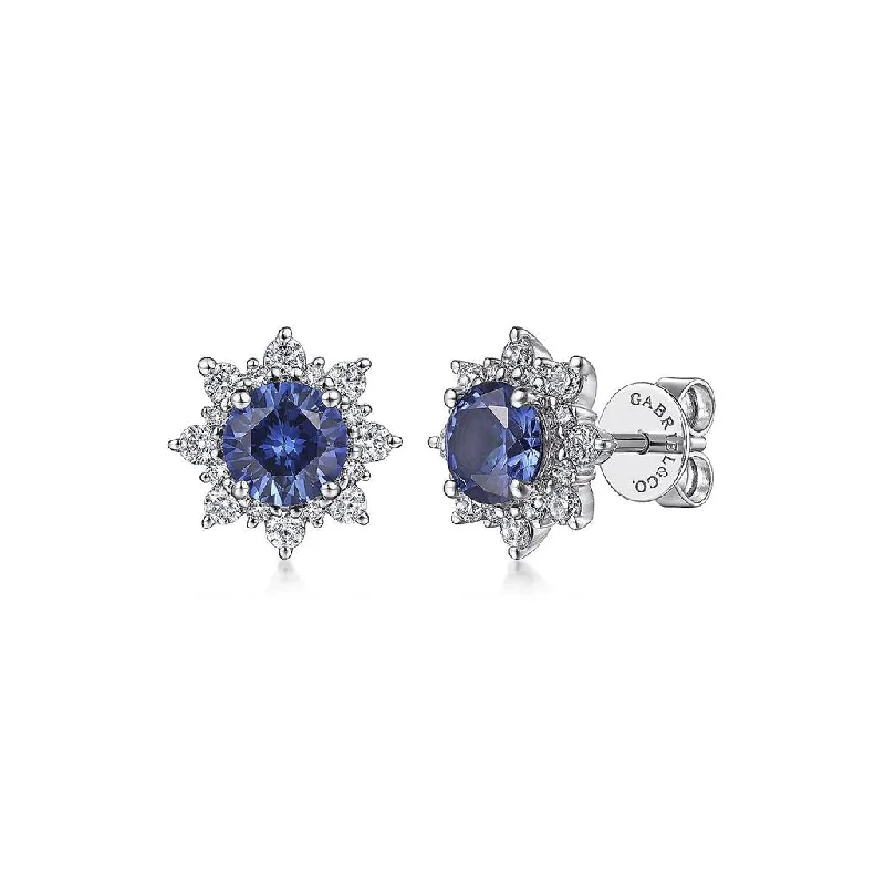 Contemporary Hoop Earrings-Gabriel & Co 14K White Gold Diamond and Blue Sapphire Starburst Stud Earrings