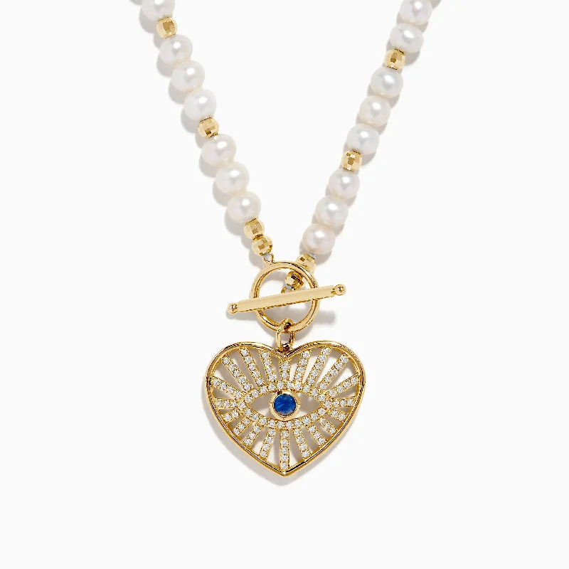 Initial Pendant Necklaces -14K Yellow Gold Fresh Water Pearl Sapphire and Diamond Necklace