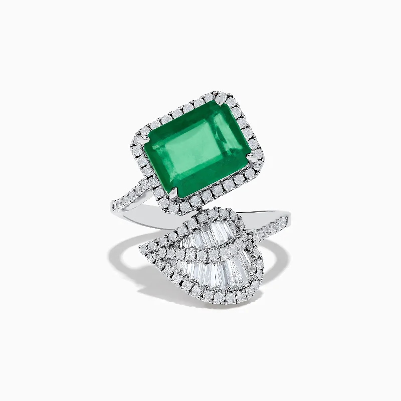 Unique fashion rings-Brasilica 14K White Gold Emerald and Diamond Leaf Ring