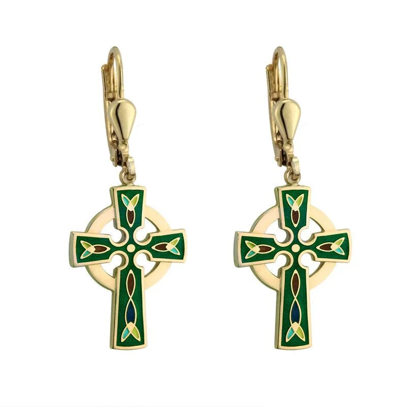 Unique Drop Earrings-Gold Plated Green Cross Earrings