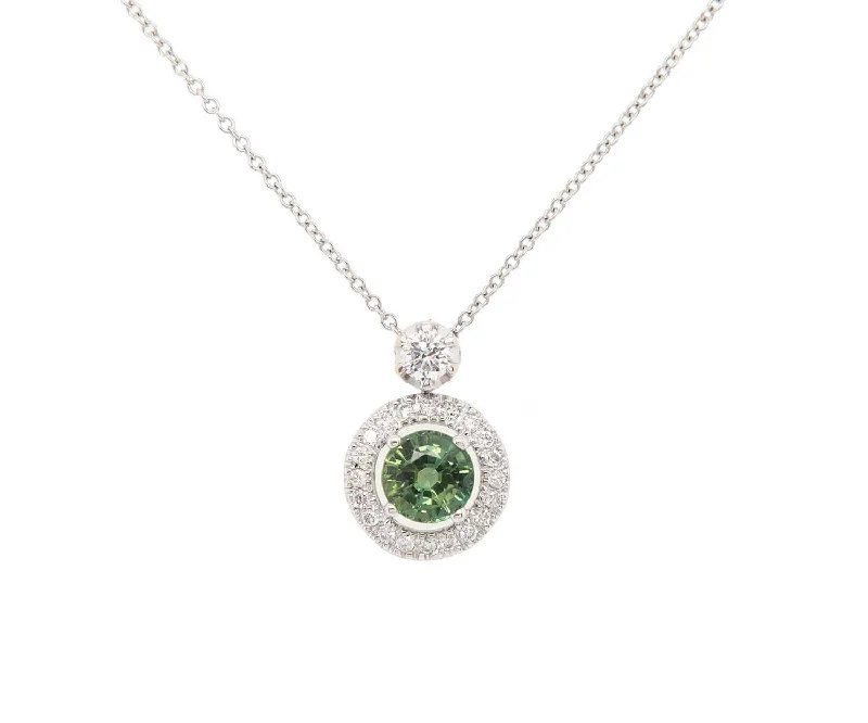 Beaded Silver Necklaces -0.75ct Green Tourmaline and 0.25ctw Diamond Halo Pendant Necklace in 18K