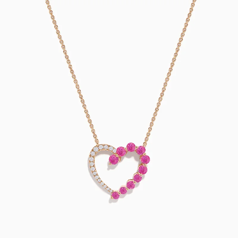 Love Pendant Necklaces -14K Rose Gold Pink Sapphire and Diamond Open Heart Necklace