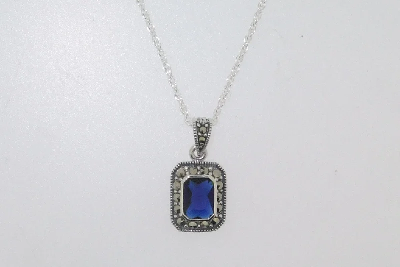 Simple Chain Pendant Necklaces -Sapphire Blue Pendant Necklace Silver Marcasite Clear Cubic Zirconia